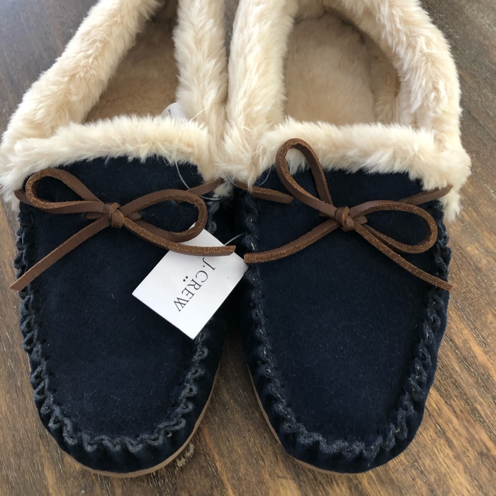 J Crew Suede Faux-shearling moccasin slippers